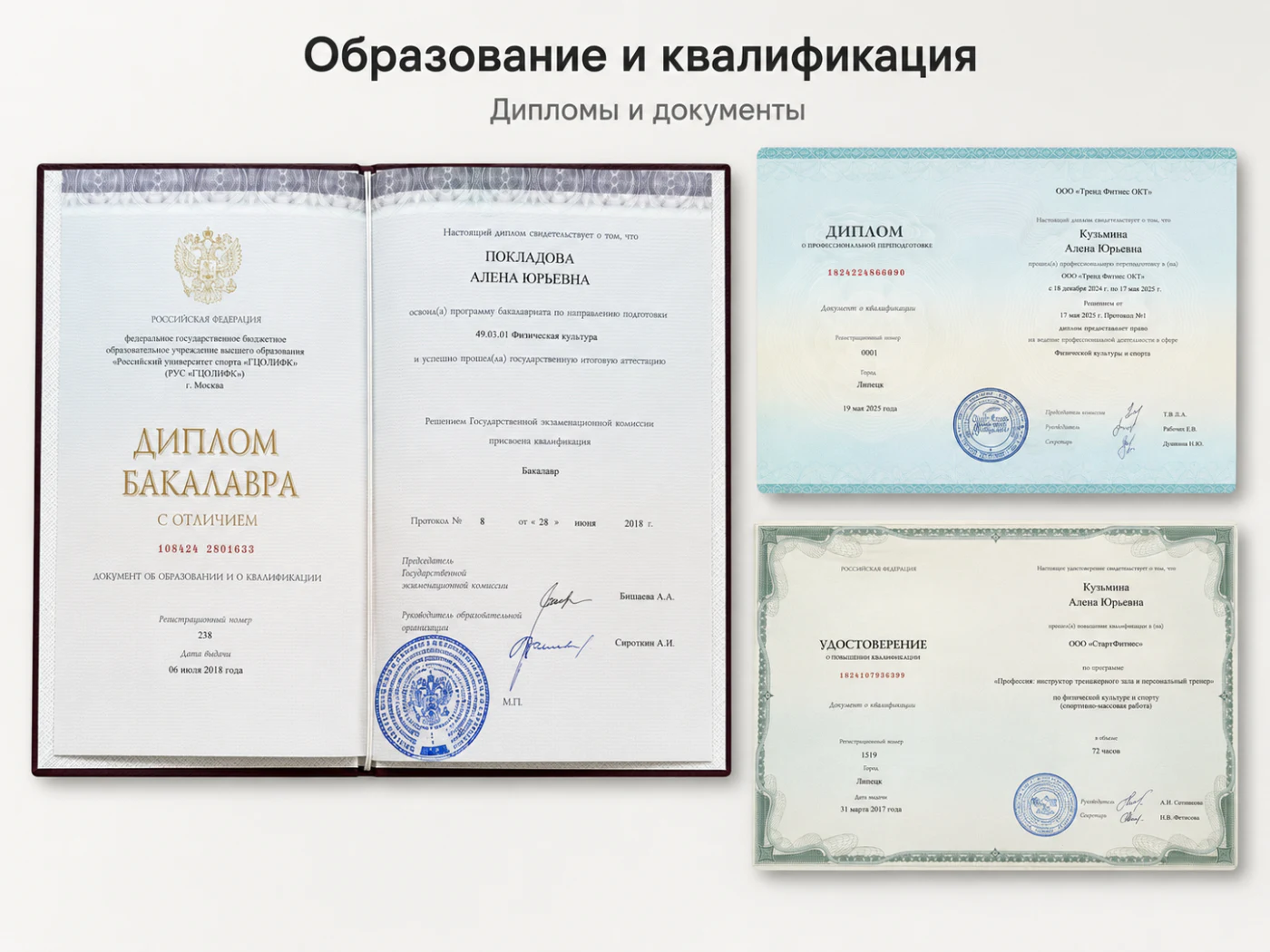 Дипломы и сертификаты Алёны Кузьминой: Основное образование и квалификация