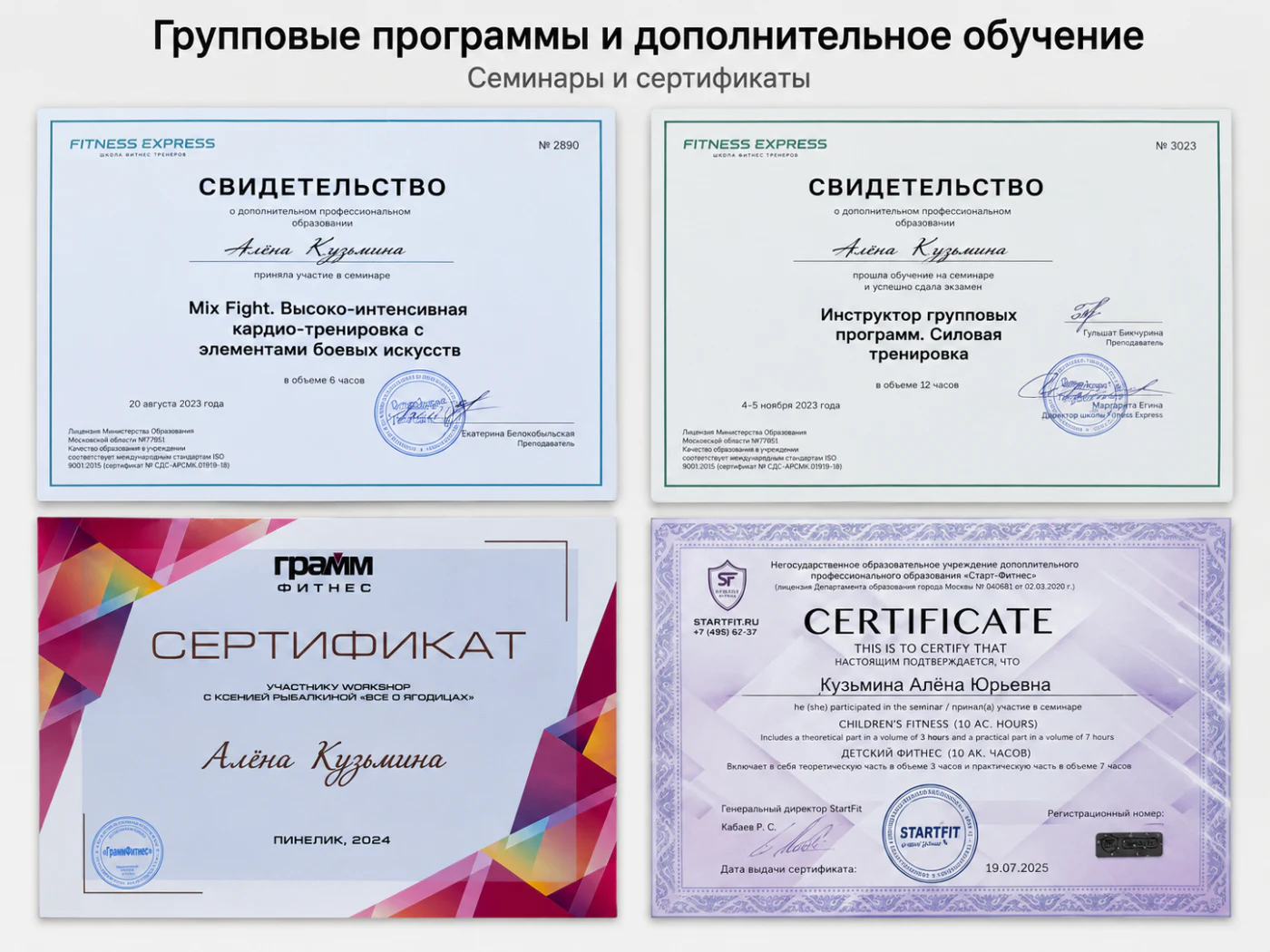 Дипломы и сертификаты Алёны Кузьминой: Групповые программы и детский фитнес